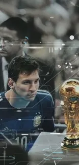 Soccer player gazes at iconic trophy on vibrant wallpaper.