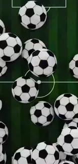 Soccer balls on a green field wallpaper for mobile phone.