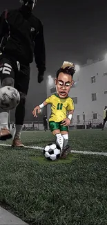 Cartoon soccer player on field with football.