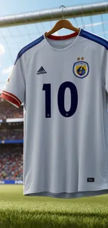 Soccer jersey with number 10 in a stadium setting mobile wallpaper.