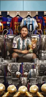 Soccer legend with an impressive collection of trophies and jerseys.