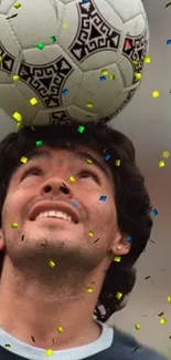 Legendary soccer player balances ball with colorful confetti.