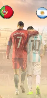 Two famous soccer players embrace in a stadium, symbolizing sportsmanship and unity.