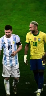 Argentina and Brazil soccer legends share a light moment on the field.