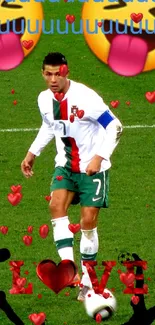 Soccer player on field with hearts and emojis.