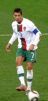 Soccer player in action on the field with ball.