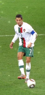 Soccer player in motion on the green field.