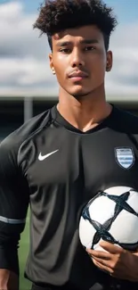 Soccer player holding a ball on field.