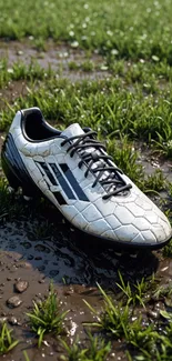 Soccer shoe resting on wet grass, close-up view.