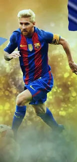 Soccer player in action with vibrant yellow background and team graphics.