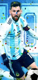 Dynamic soccer player celebration with blue background and confetti.