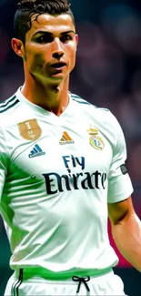 Soccer player in Real Madrid jersey, mobile wallpaper.