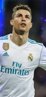 Soccer player celebrating in white jersey during a match.