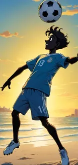 Soccer player juggling a ball at sunset on a beach, vibrant skies.