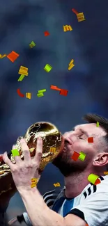 Soccer player kissing golden trophy amidst colorful confetti.