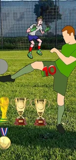 Cartoon soccer player kicking ball with trophies on green field scene.