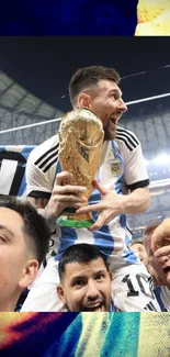 Soccer player celebrates victory with trophy in stadium.