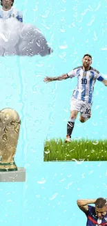 Dynamic soccer celebration wallpaper with sky blue background.