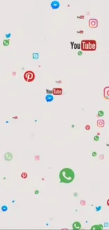 Vibrant mobile wallpaper with social media icons scattered on a white background.