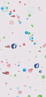 Social media icons scattered on light background wallpaper.