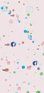 Vibrant mobile wallpaper with scattered social media icons like Facebook and Twitter.