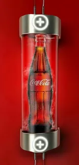 Vibrant soda bottle encased in a red-themed futuristic wallpaper.