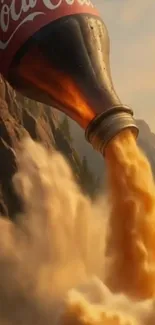Giant soda bottle pours a waterfall of cola in a surreal landscape.