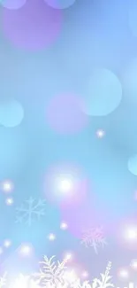 Soft winter wallpaper with glowing snowflakes and pastel blue hues.