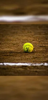 Yellow softball on a dirt field with a white line.