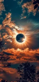 Solar eclipse with dramatic fiery sky and clouds.