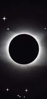 Black solar eclipse wallpaper with stars, creating a cosmic and celestial ambiance.