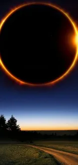 Solar eclipse over peaceful night landscape.