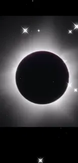 Solar eclipse with shining stars on black background.