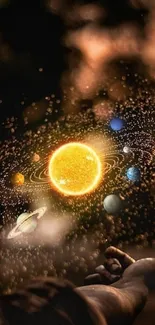 Glowing solar system illustration hovering above an outstretched hand.