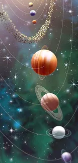 Illustration of planets aligned in the solar system with starry backdrop on mobile wallpaper.