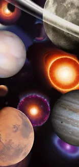 Colorful wallpaper of planets and space elements in the solar system.