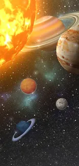 Colorful solar system planets and sun wallpaper.