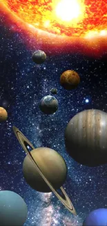 Solar system with planets and stars in a cosmic background wallpaper.