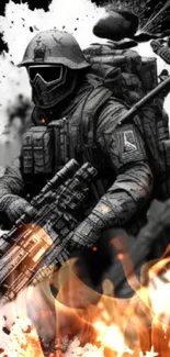 Soldier in combat gear surrounded by flames and black background.