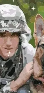 Soldier in camouflage with loyal dog by side.