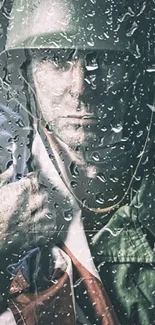 Soldier behind rainy glass with a thoughtful expression.