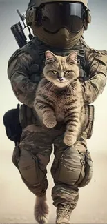 A soldier in tactical gear carrying a cute cat.