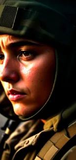 Close-up of a soldier in a helmet showing intense emotion.