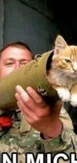 Soldier holding a cat in a tube with playful caption 'UN MICHIL'.