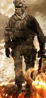 Soldier on a battlefield in intense action.