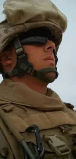 Soldier in beige desert gear stands ready against the horizon.