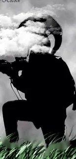 Soldier silhouette merges with clouds in artistic black and white design.