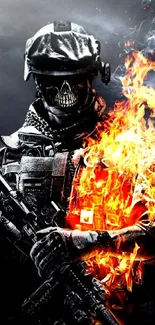 Intense soldier with fiery flames in a dark background.