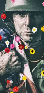 Vintage soldier with colorful flowers on mobile wallpaper.