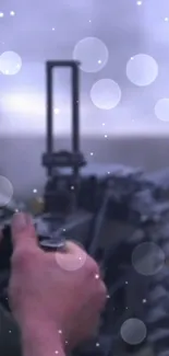 A soldier operates a heavy weapon with digital effects.